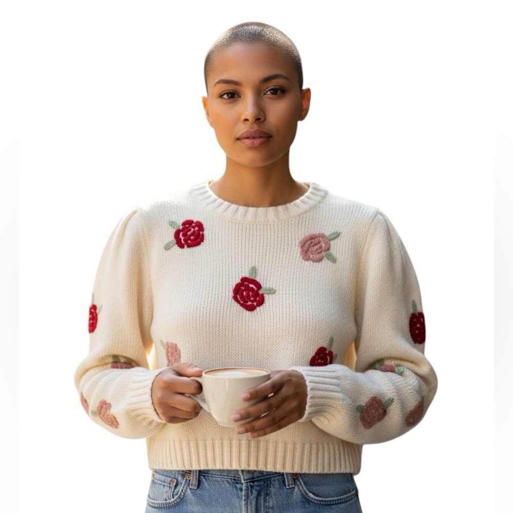 Jessica Simpson Rose Embroidered Slightly Cropped Sweater Women’s Size XL